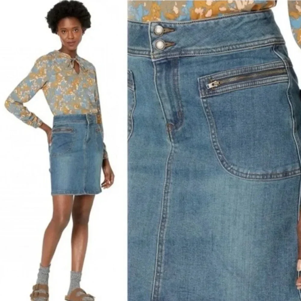 Prana Blue Denim Mini Skirt with Front Zip Pockets